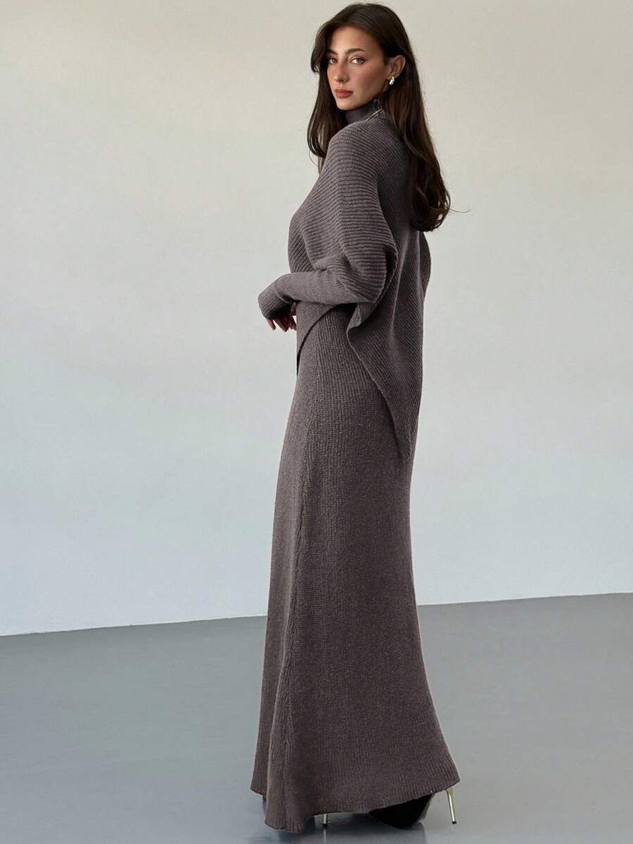 Ribbed Knit High Neck Sweater and Skirt Set