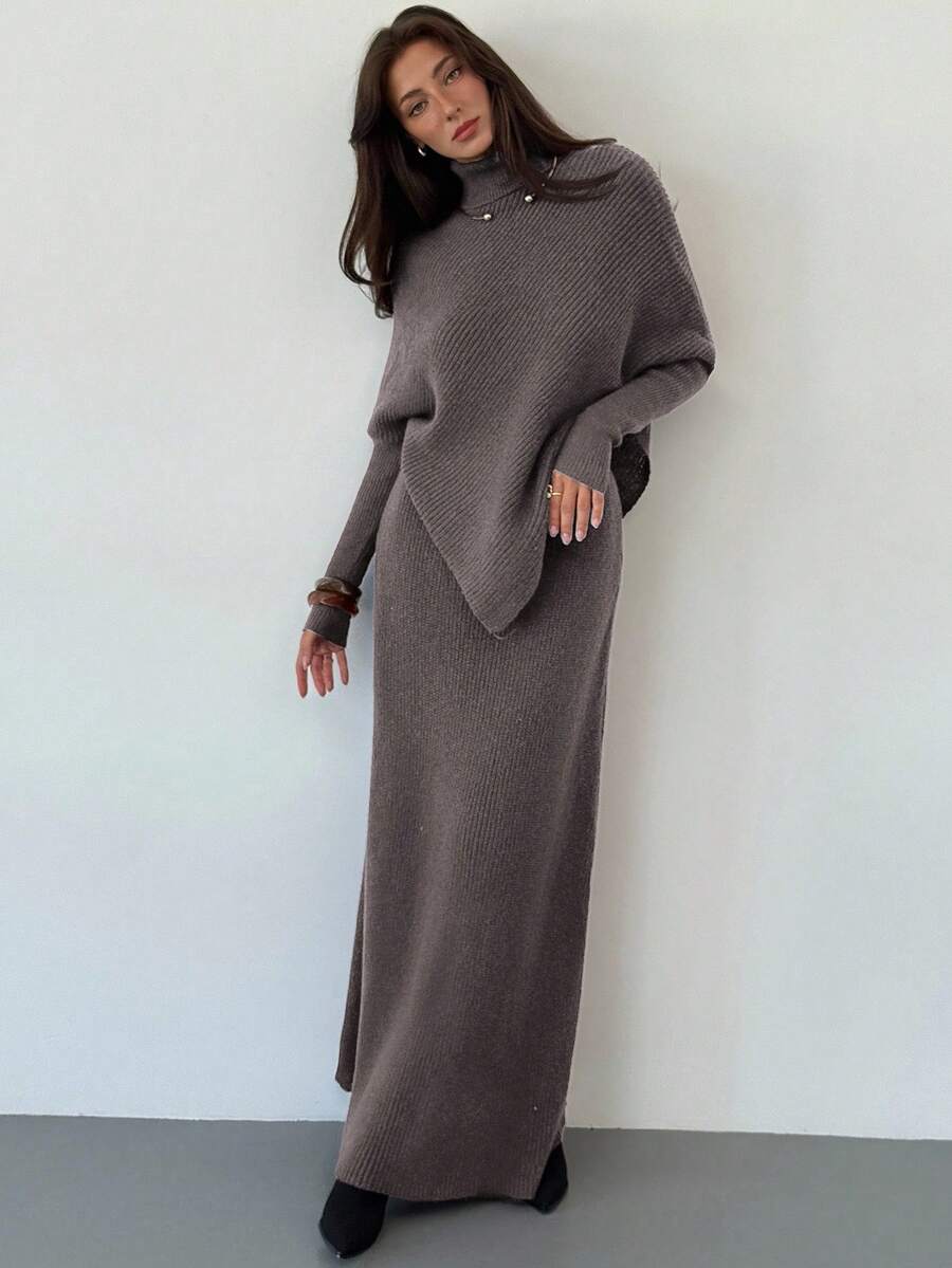 Ribbed Knit High Neck Sweater and Skirt Set