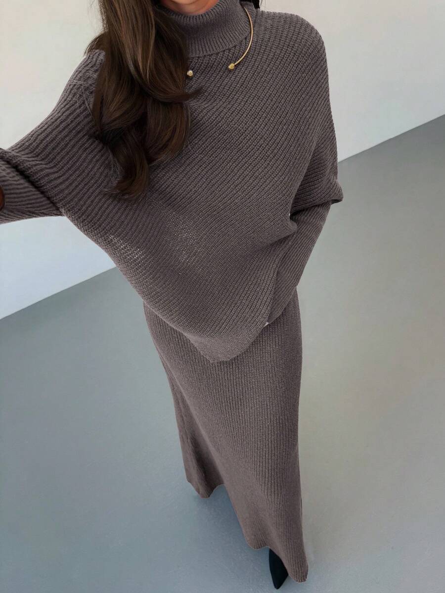 Ribbed Knit High Neck Sweater and Skirt Set