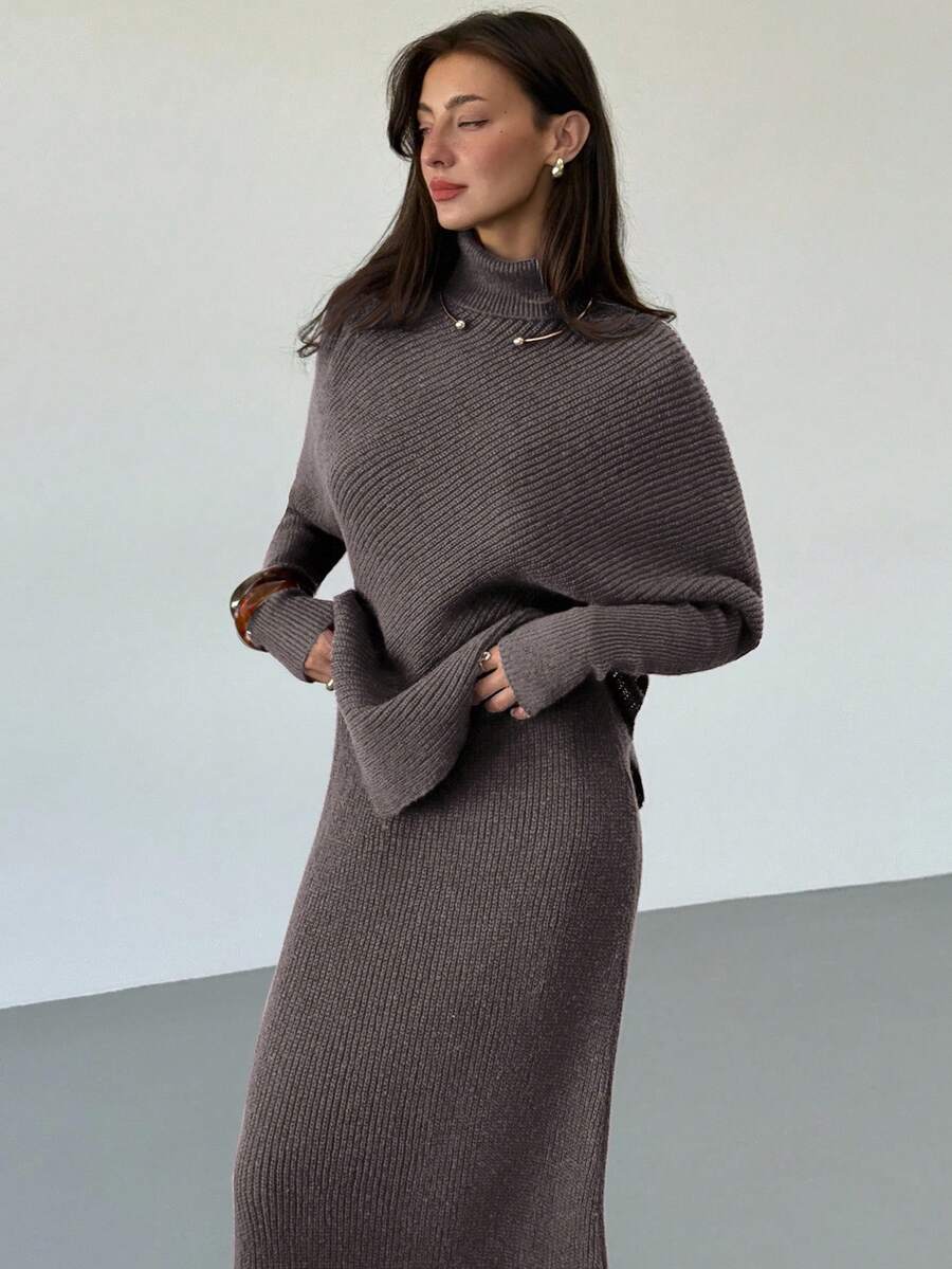 Ribbed Knit High Neck Sweater and Skirt Set