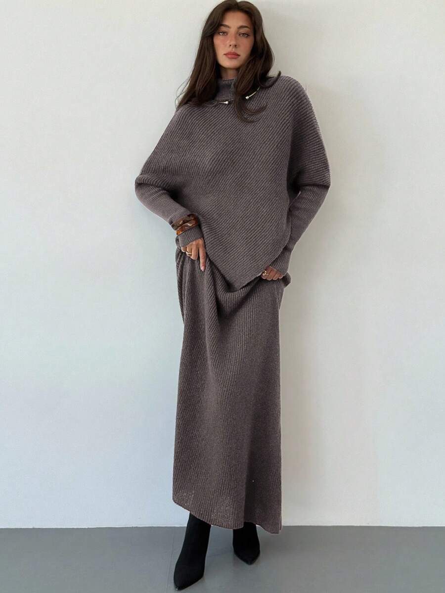 Ribbed Knit High Neck Sweater and Skirt Set