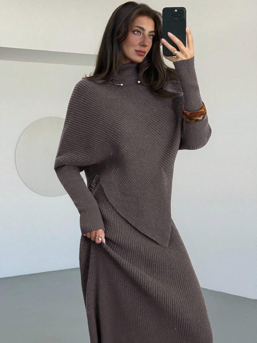Ribbed Knit High Neck Sweater and Skirt Set