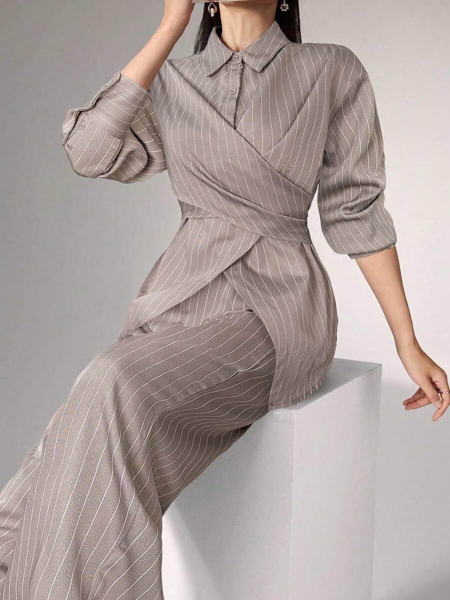 Cinched Waist Wrap Shirt and Pants Set