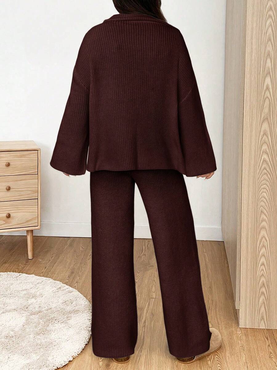 Zip Collar Sweater and Knit Pants Set