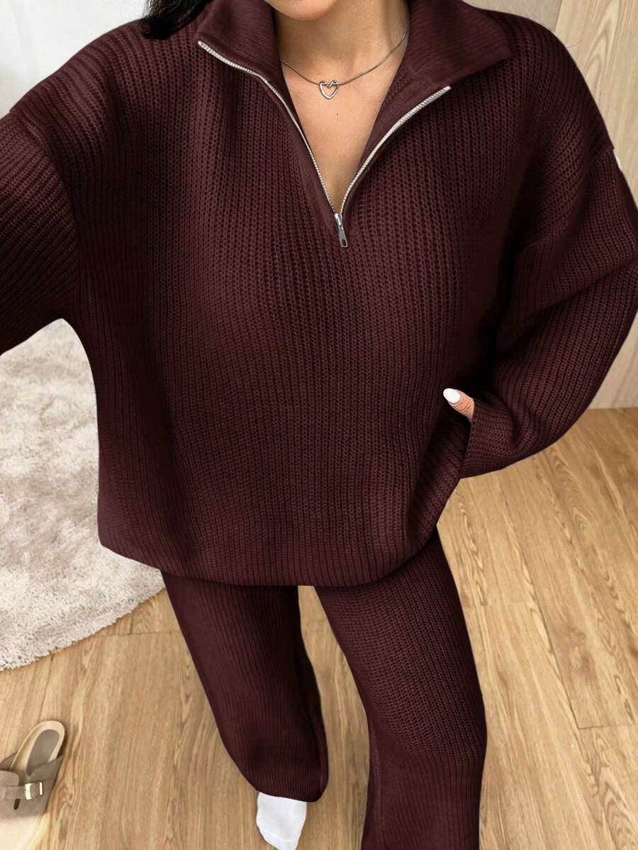 Zip Collar Sweater and Knit Pants Set