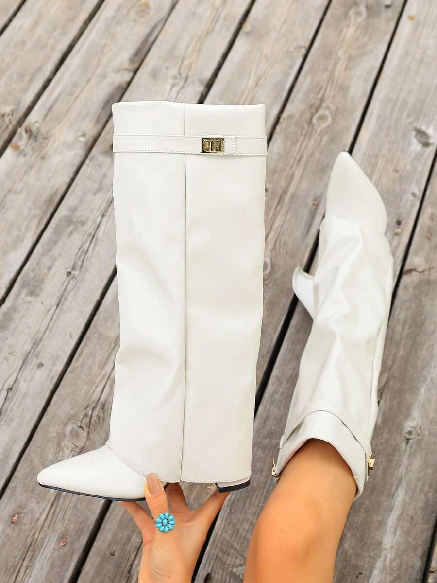 Pointed Toe Fold Over Knee High Boots