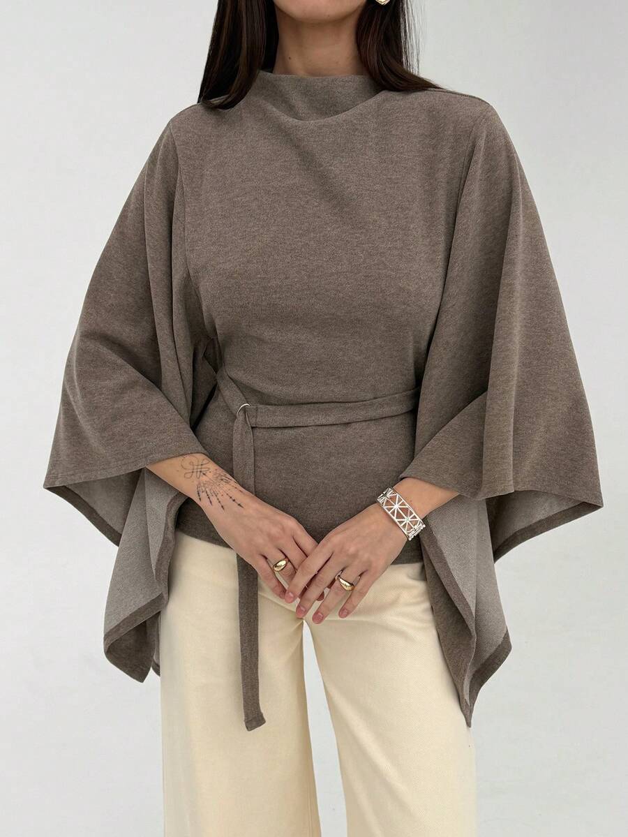 Mandarin Collar Batwing Knit Cape Top with Belt