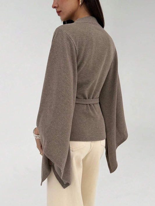 Mandarin Collar Batwing Knit Cape Top with Belt