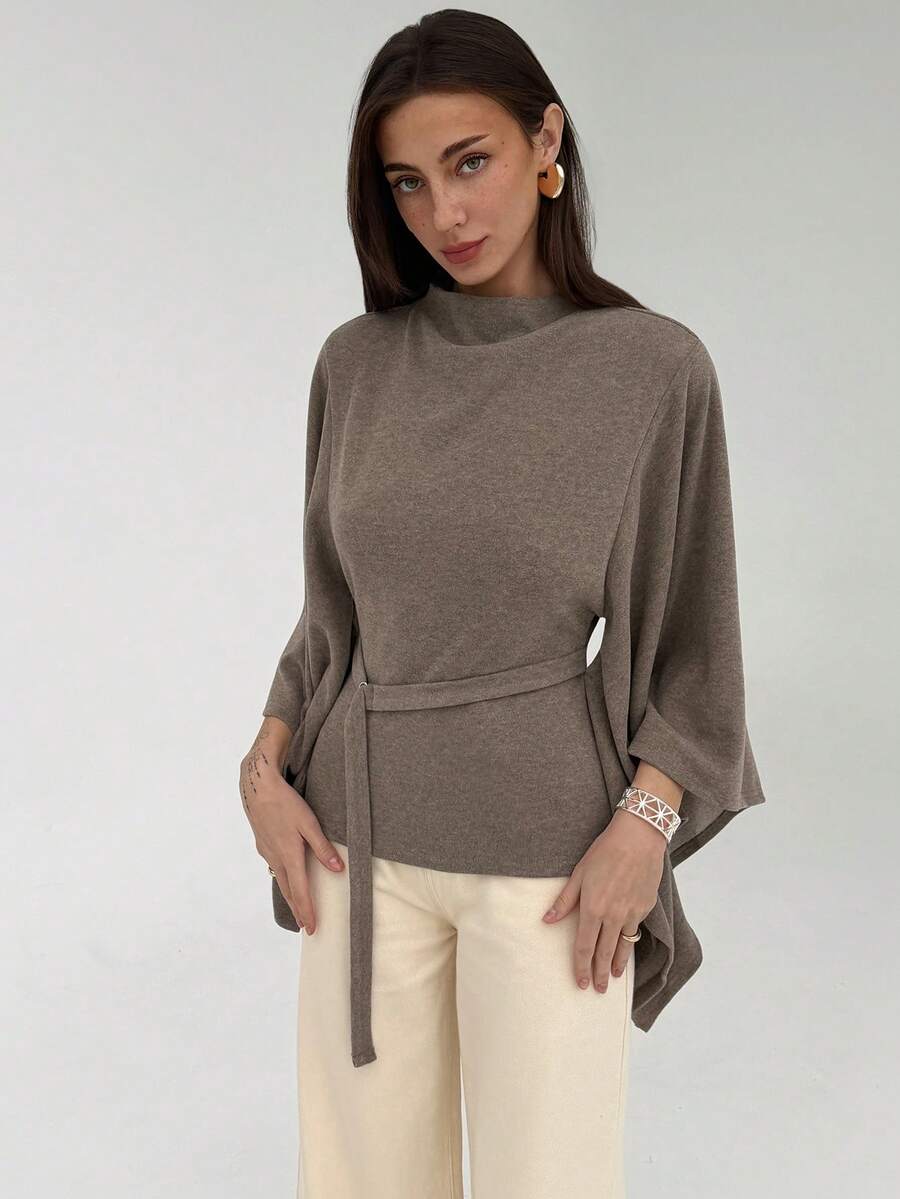 Mandarin Collar Batwing Knit Cape Top with Belt