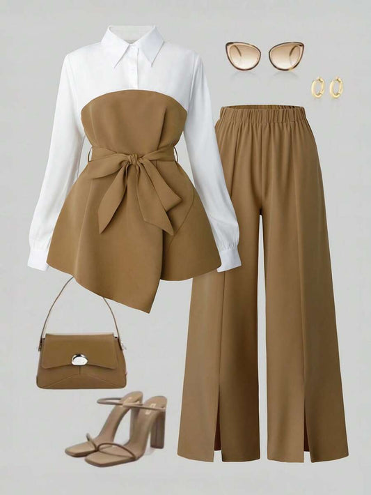 Striped Shirt and Split Hem Straight Leg Pants Set
