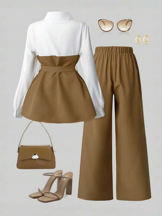 Striped Shirt and Split Hem Straight Leg Pants Set