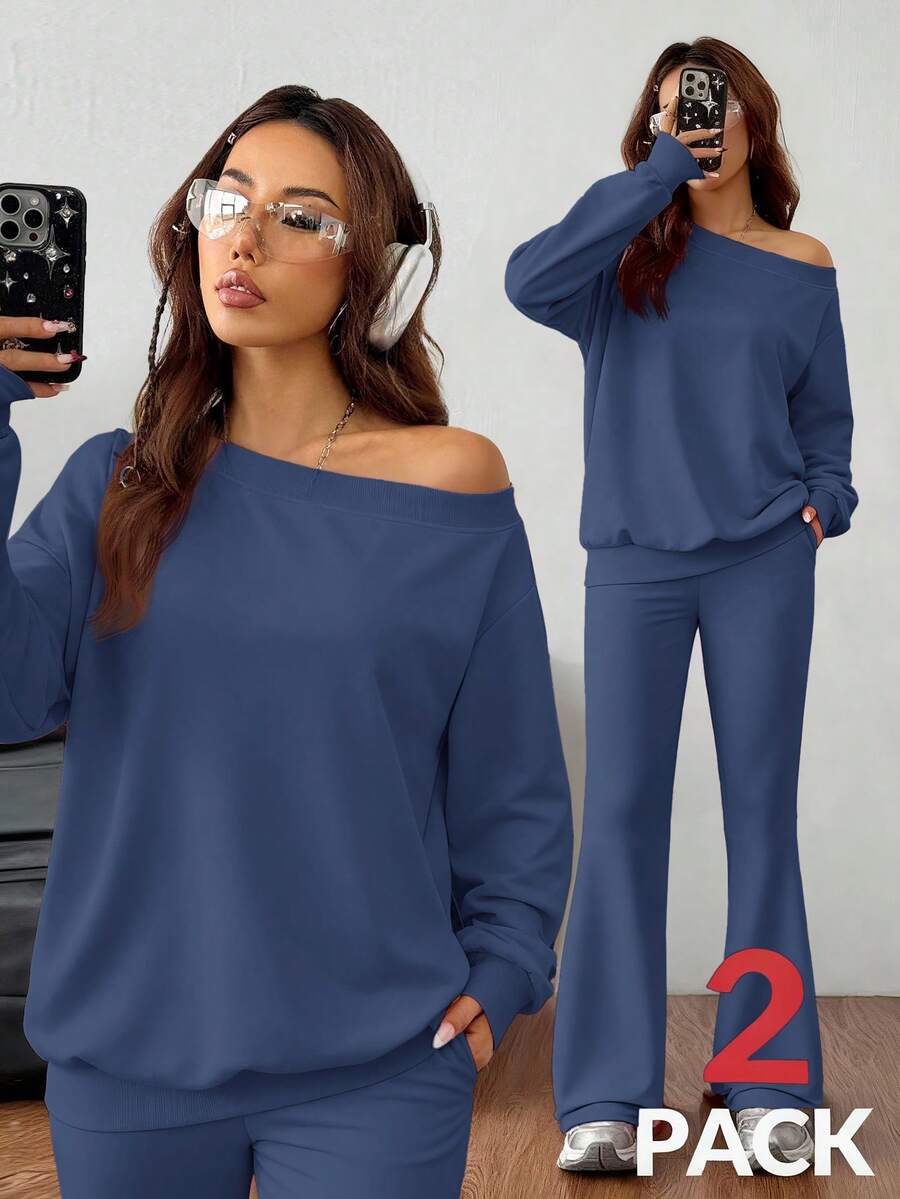 Cold Shoulder Sweatshirt and Flare Pants Set