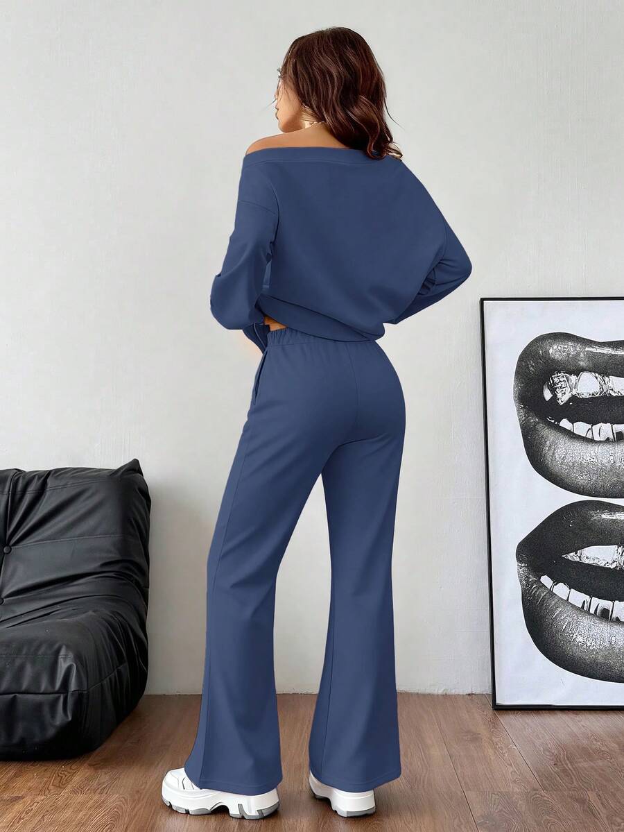 Cold Shoulder Sweatshirt and Flare Pants Set