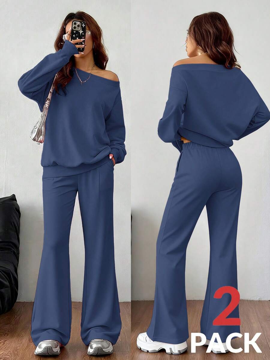 Cold Shoulder Sweatshirt and Flare Pants Set