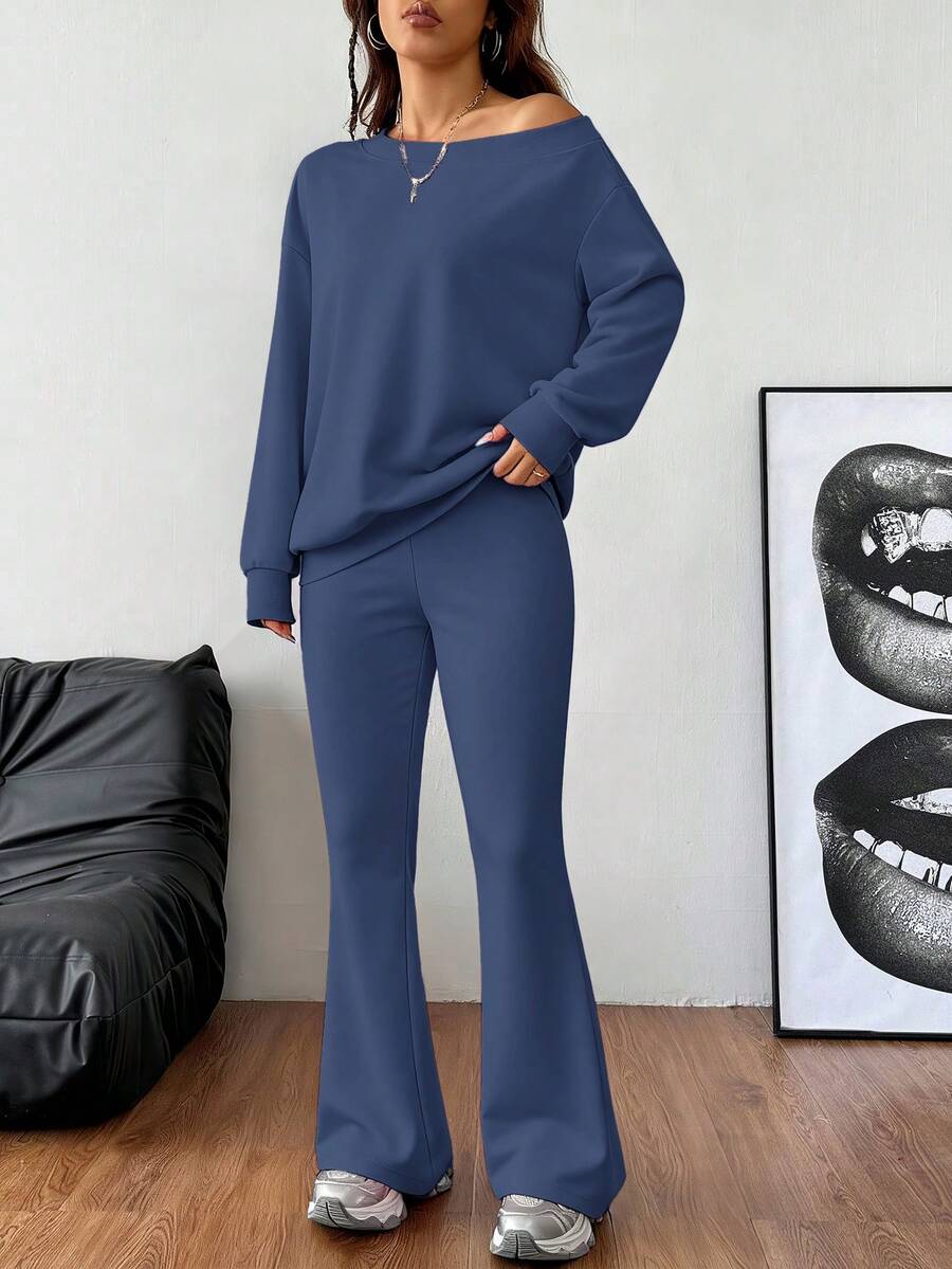 Cold Shoulder Sweatshirt and Flare Pants Set