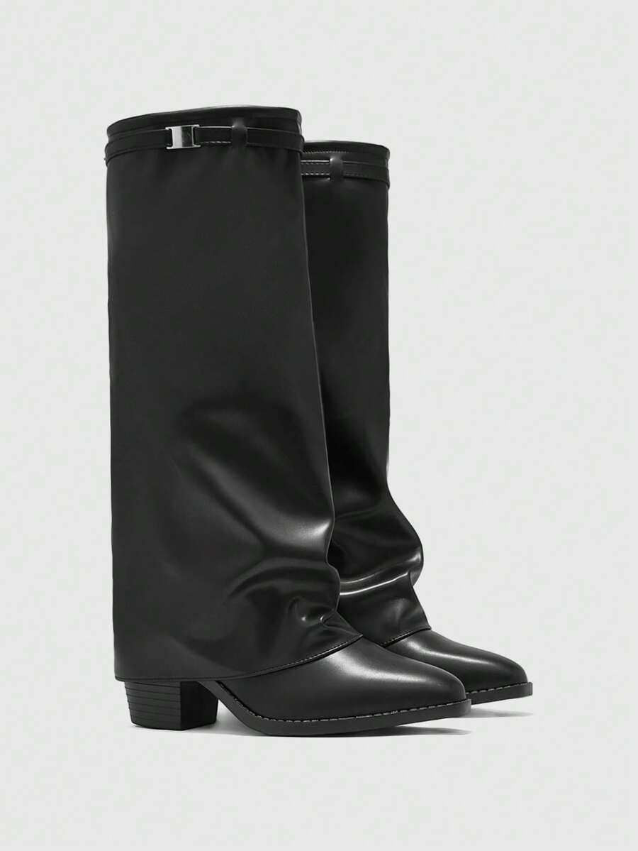 Fold Over Square Toe Knee High Boots