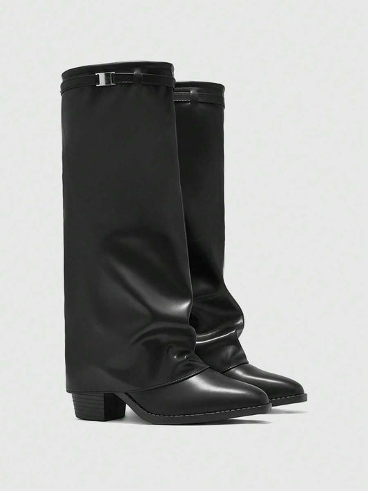Fold Over Square Toe Knee High Boots