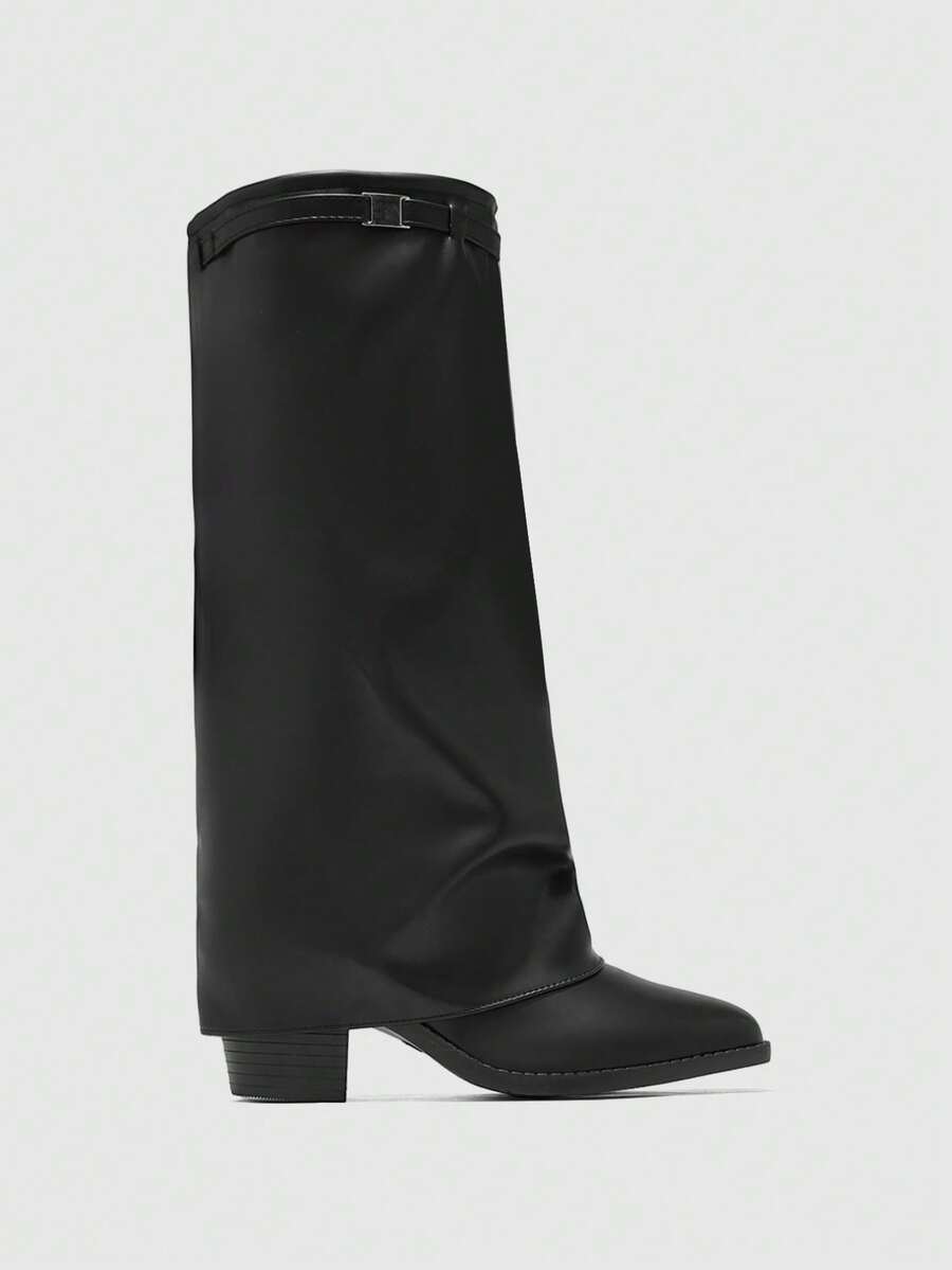 Fold Over Square Toe Knee High Boots