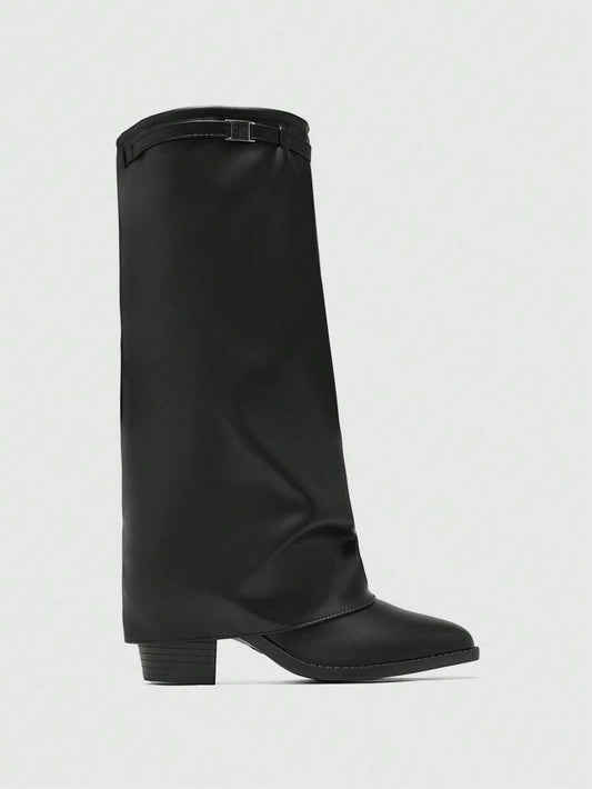 Fold Over Square Toe Knee High Boots