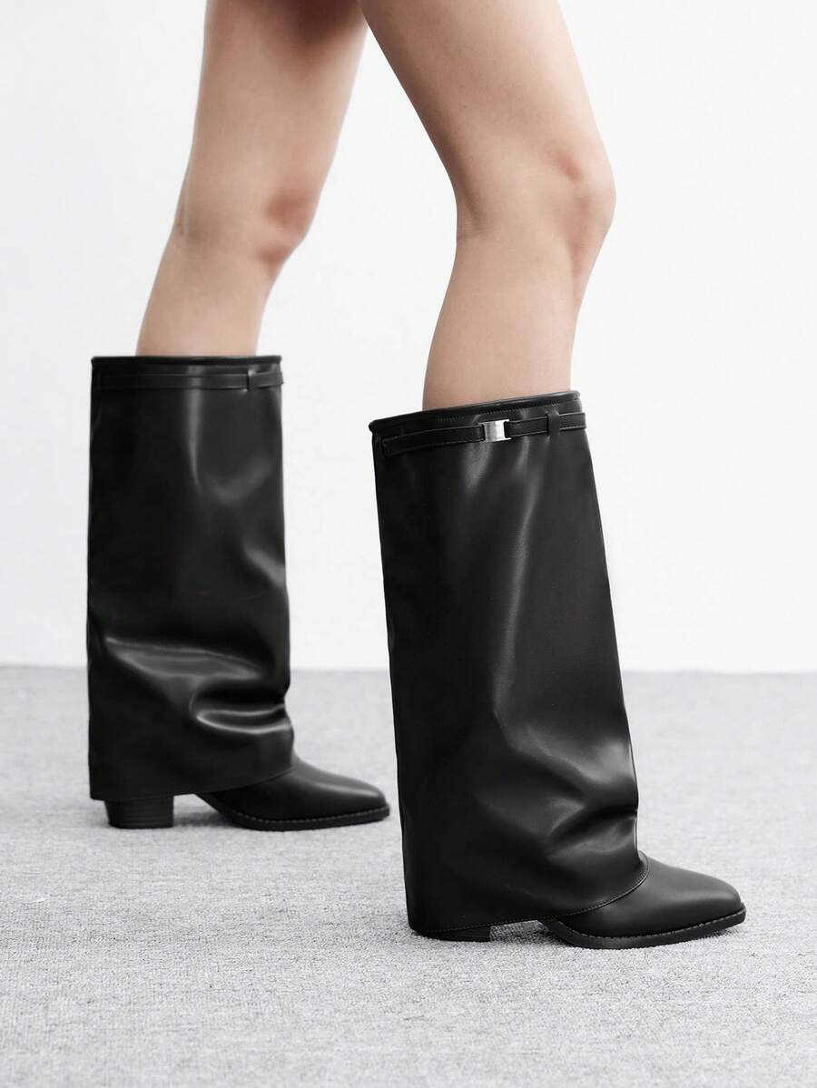 Fold Over Square Toe Knee High Boots