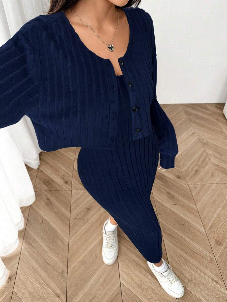 Ribbed Knit Button Jacket and Midi Dress Set