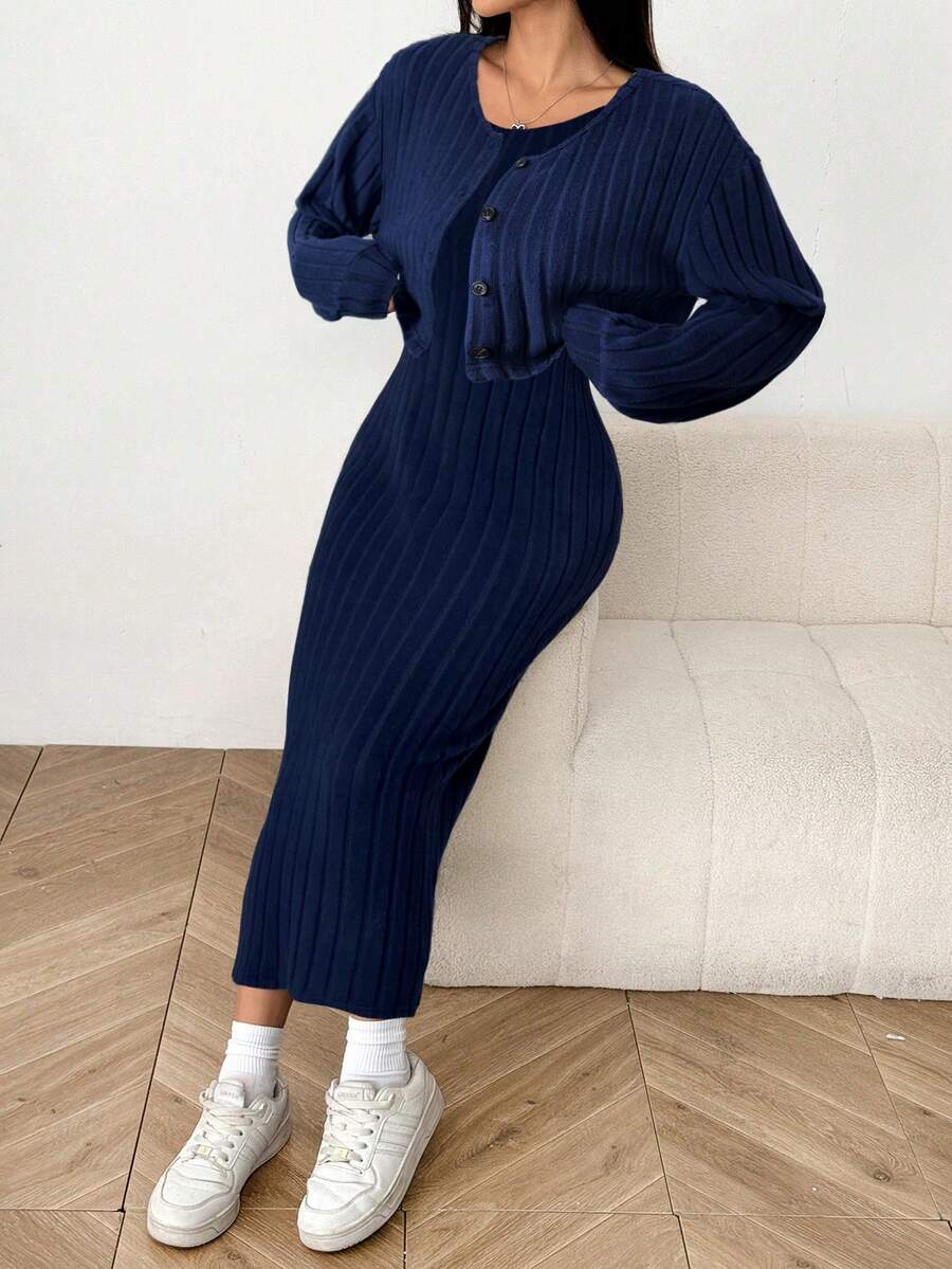 Ribbed Knit Button Jacket and Midi Dress Set