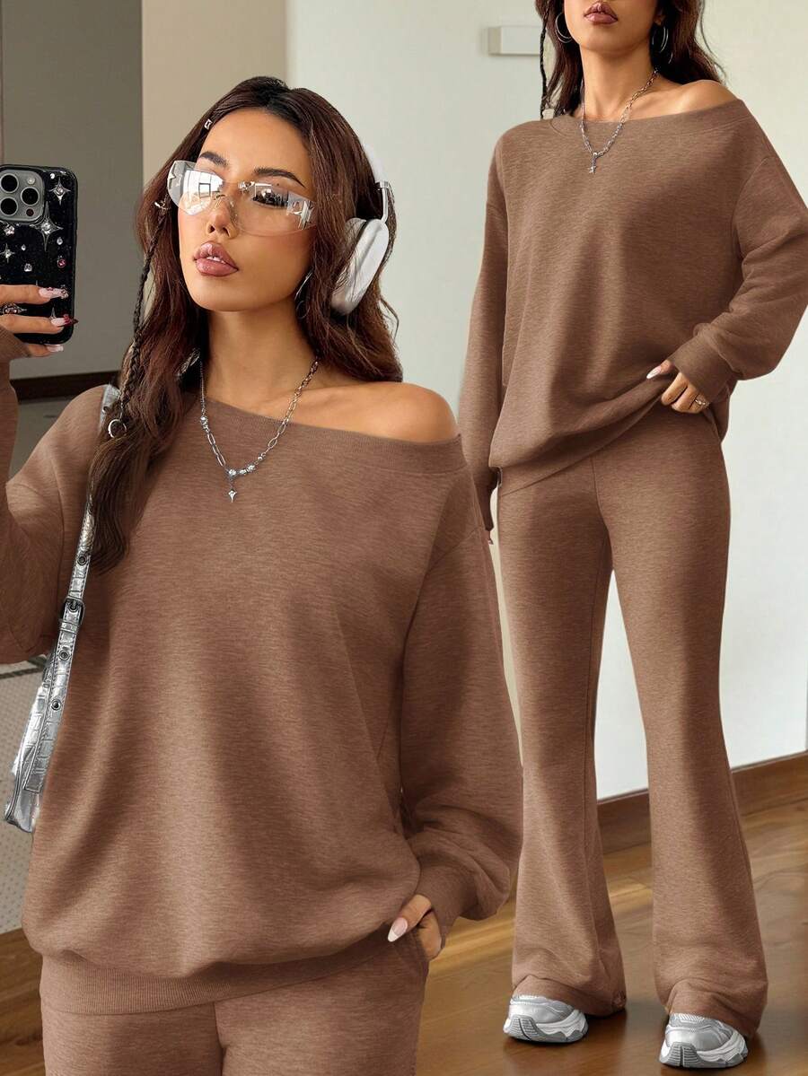 Cold Shoulder Sweatshirt and Flare Pants Set