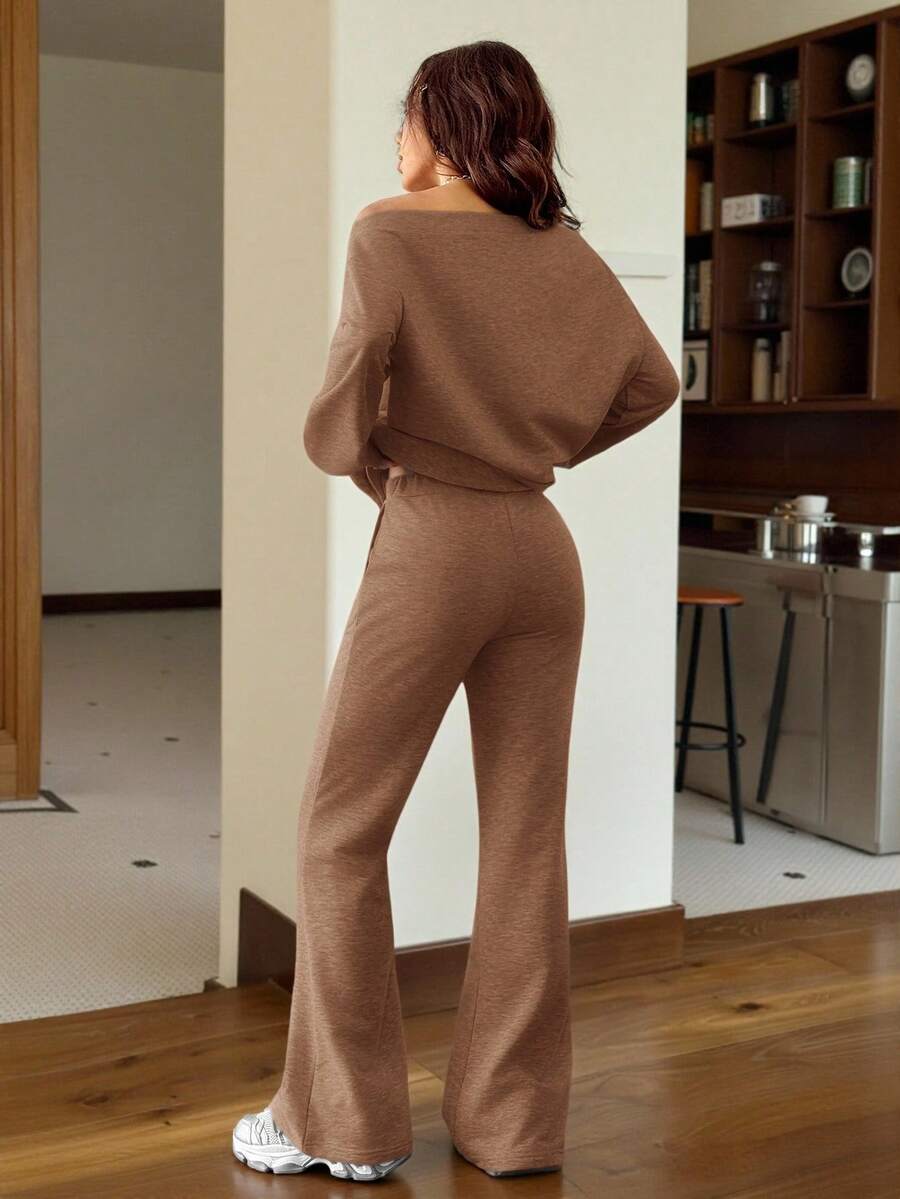 Cold Shoulder Sweatshirt and Flare Pants Set