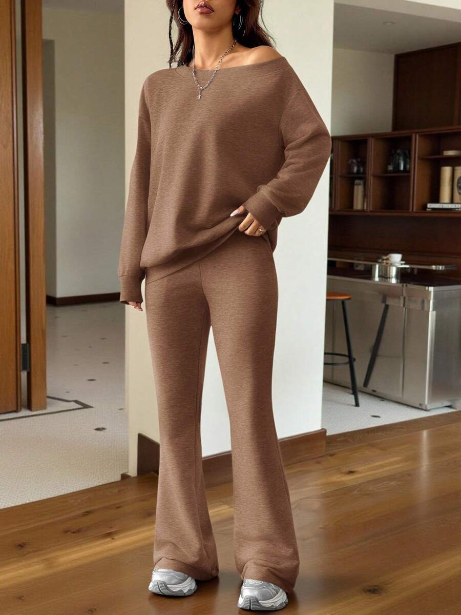 Cold Shoulder Sweatshirt and Flare Pants Set