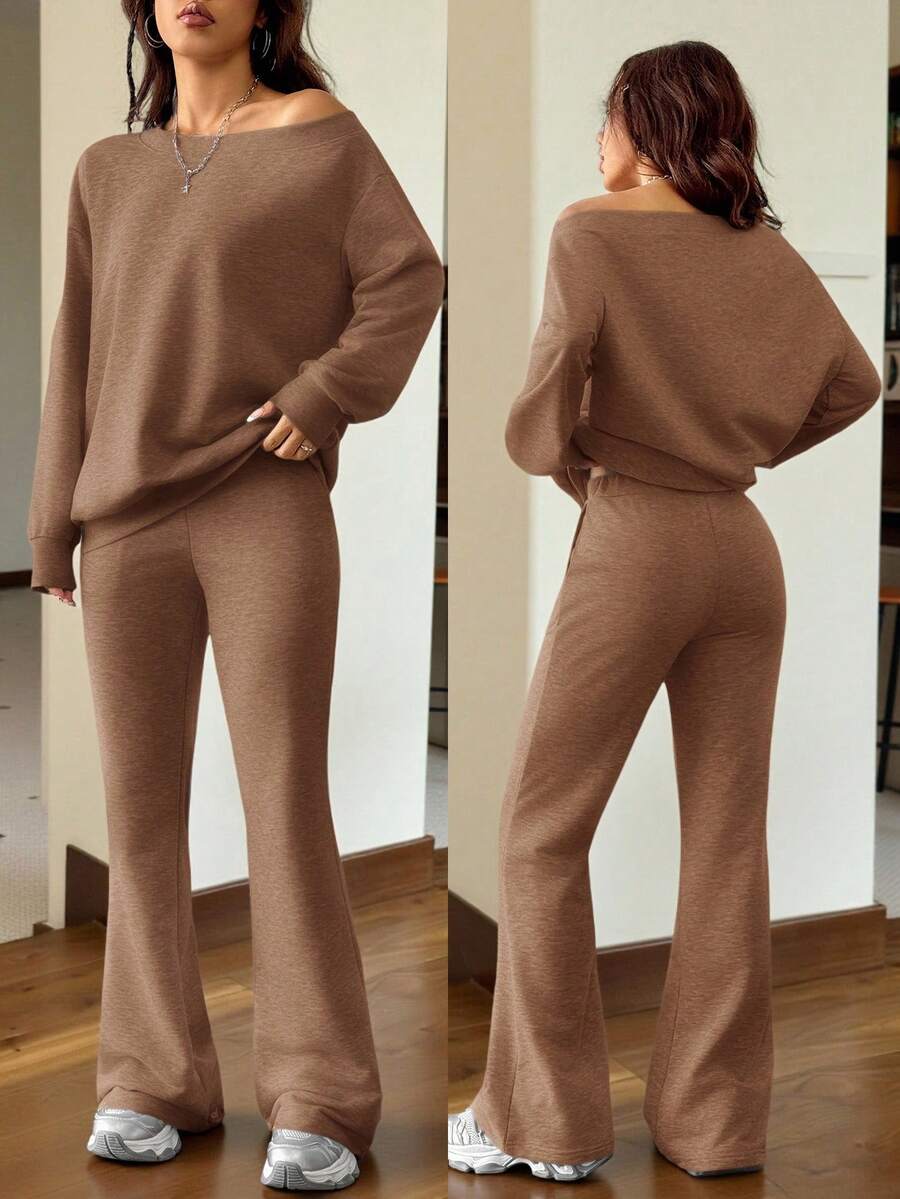 Cold Shoulder Sweatshirt and Flare Pants Set