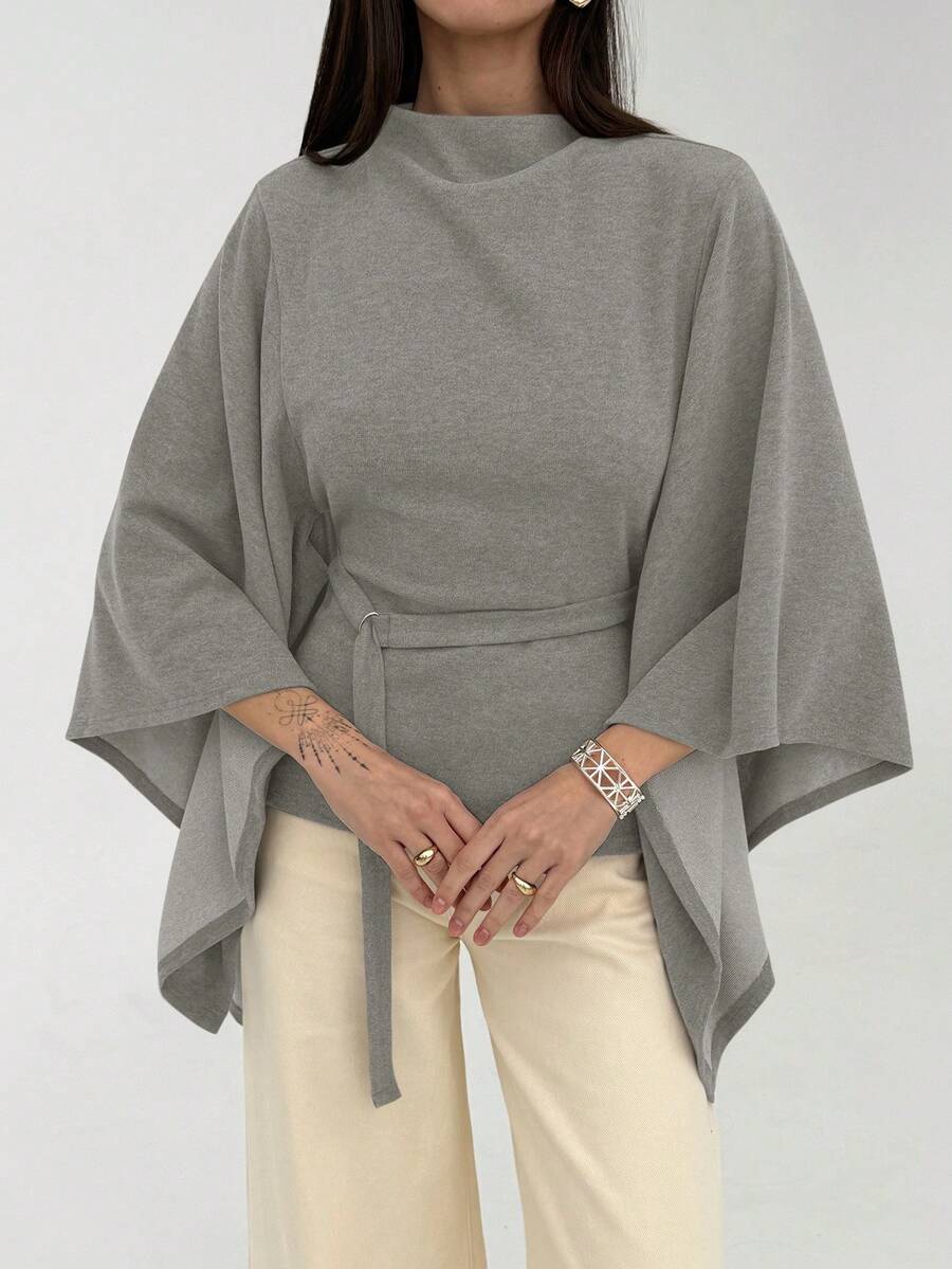Mandarin Collar Batwing Knit Cape Top with Belt