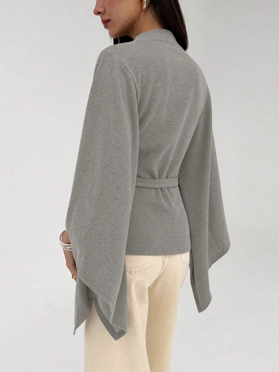 Mandarin Collar Batwing Knit Cape Top with Belt