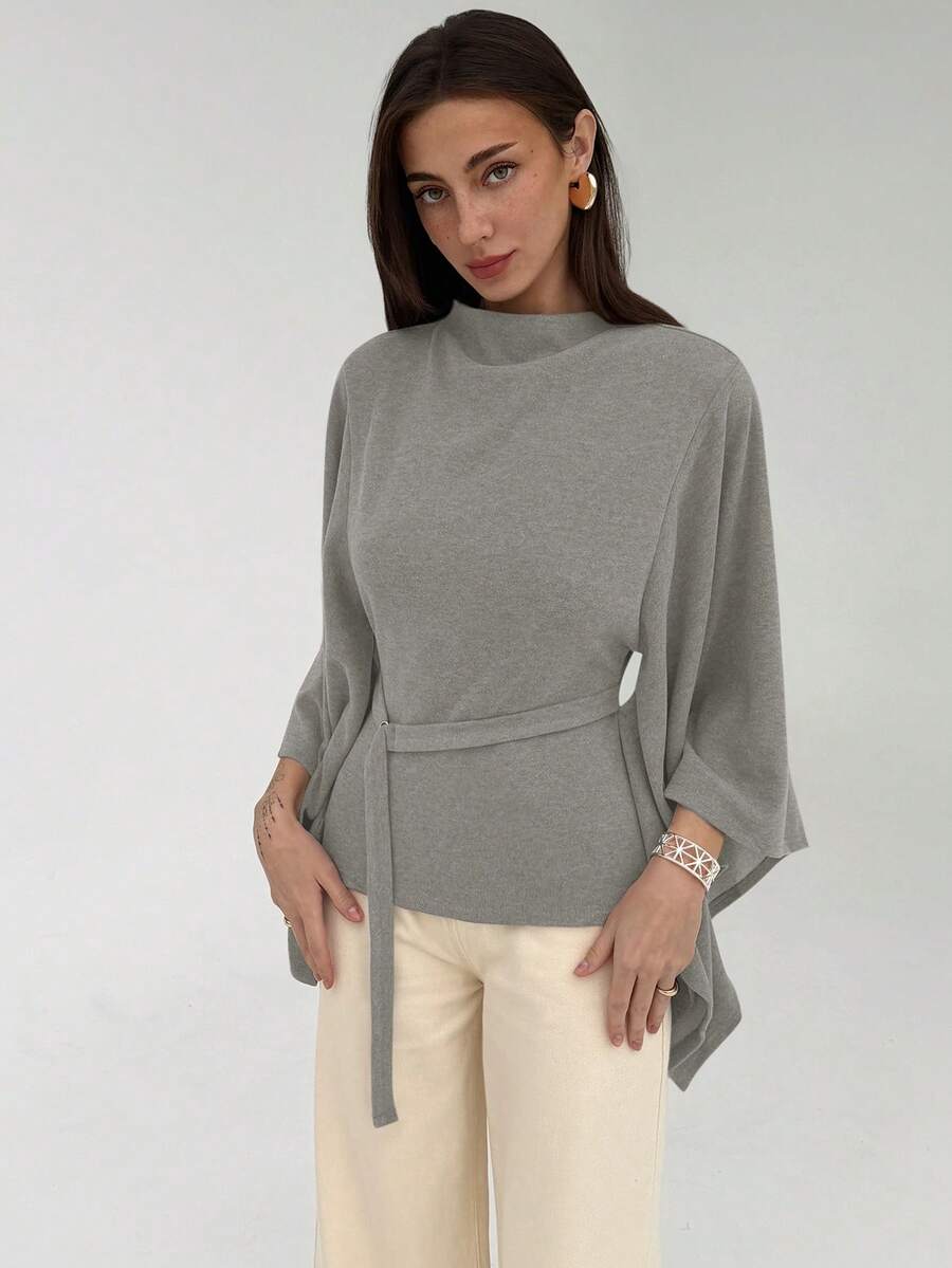 Mandarin Collar Batwing Knit Cape Top with Belt