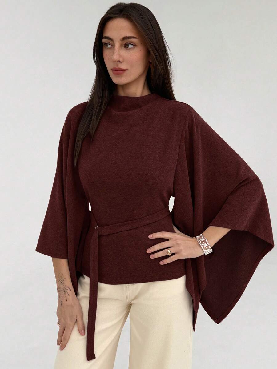 Mandarin Collar Batwing Knit Cape Top with Belt