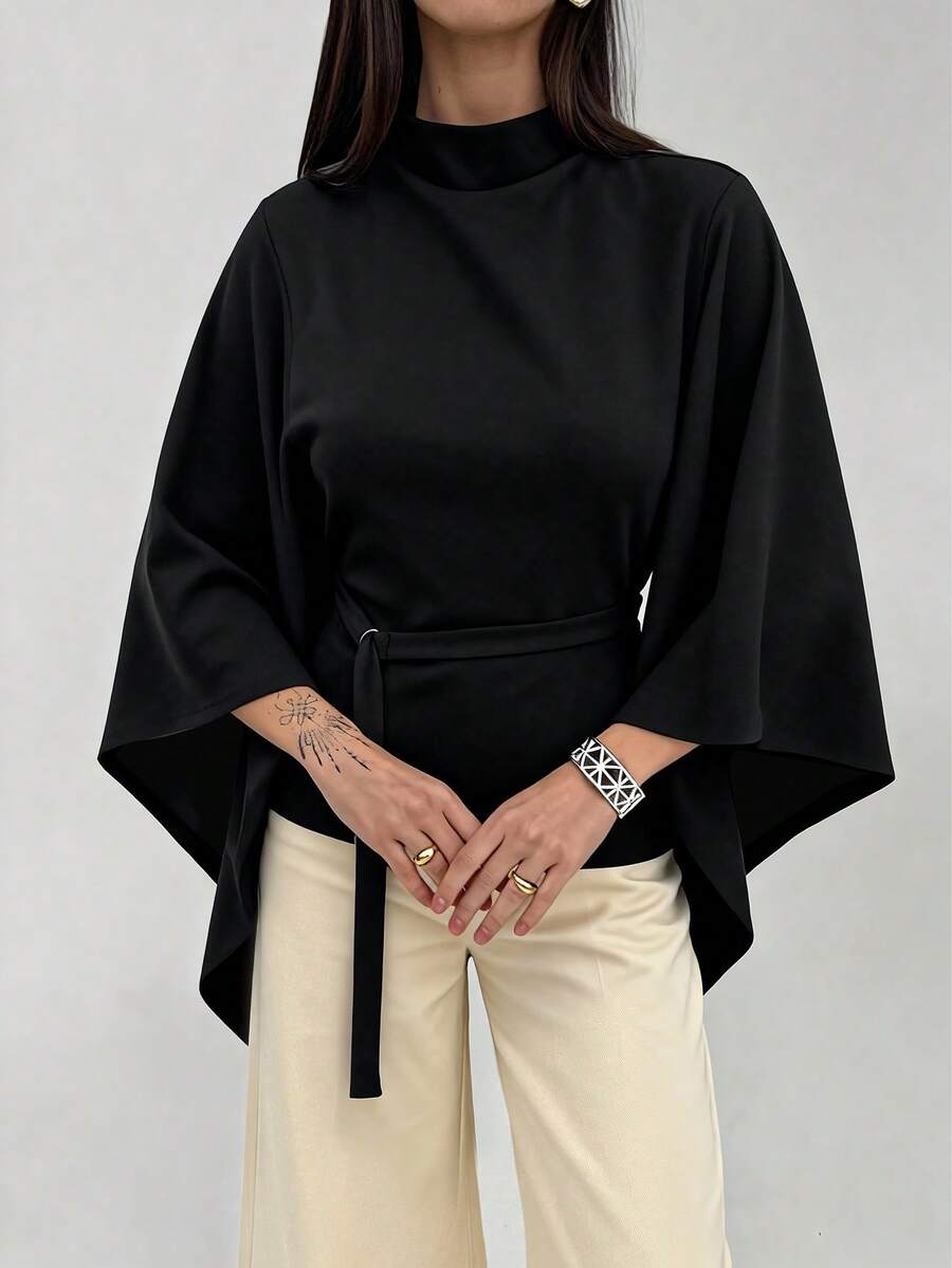 Mandarin Collar Batwing Knit Cape Top with Belt