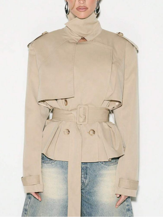 Cropped Belted Trench Coat with Shoulder Pads