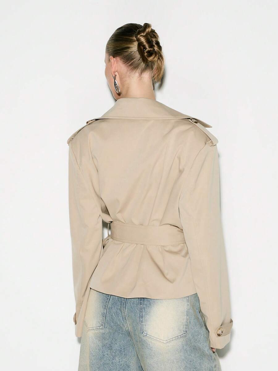 Cropped Belted Trench Coat with Shoulder Pads