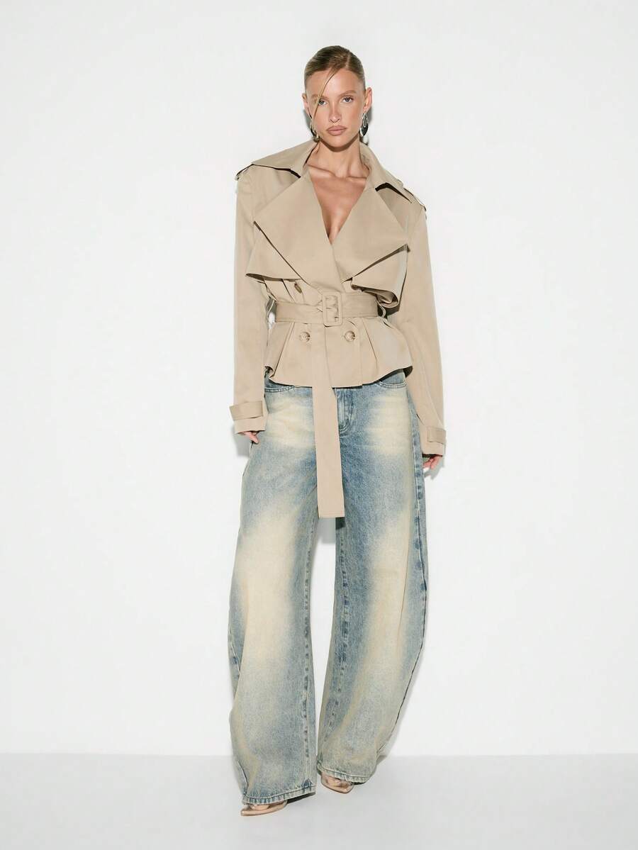 Cropped Belted Trench Coat with Shoulder Pads