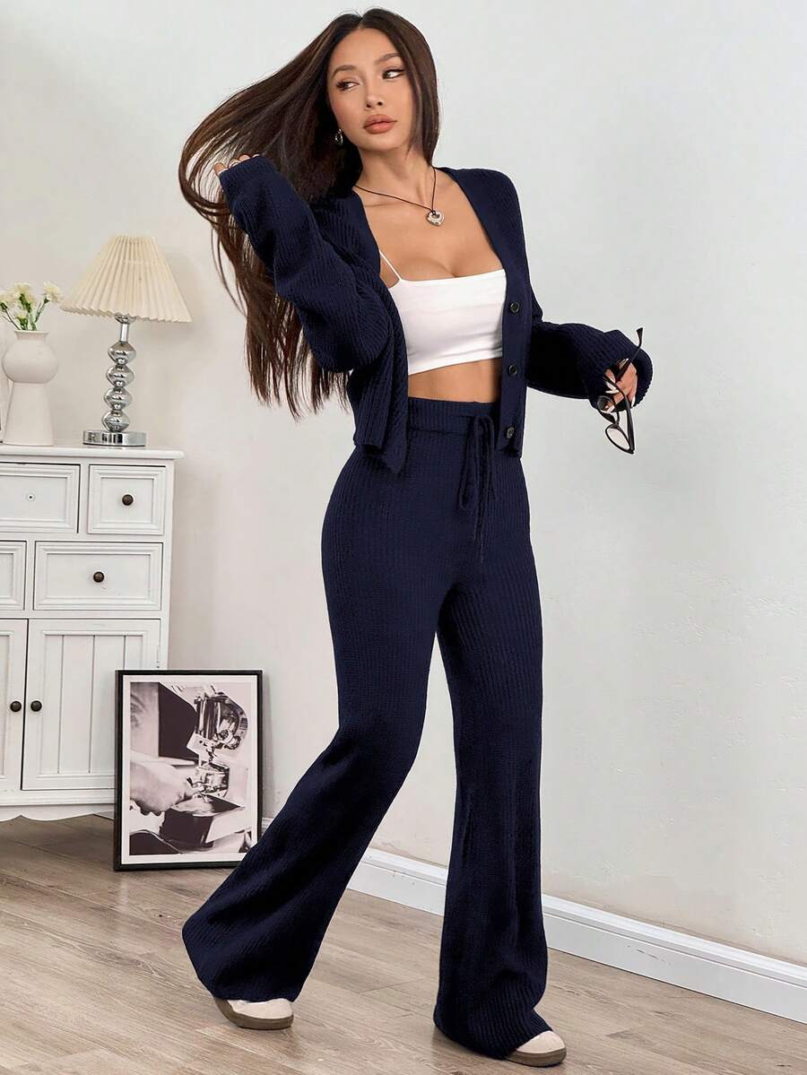 Ribbed Cardigan and Drawstring Flare Pants Set