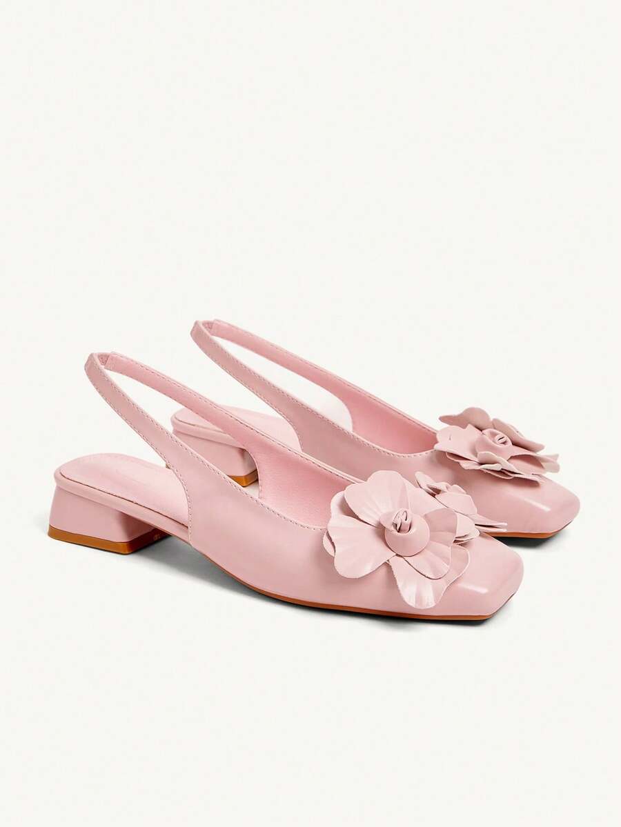 3D Flower Square Toe Slingback