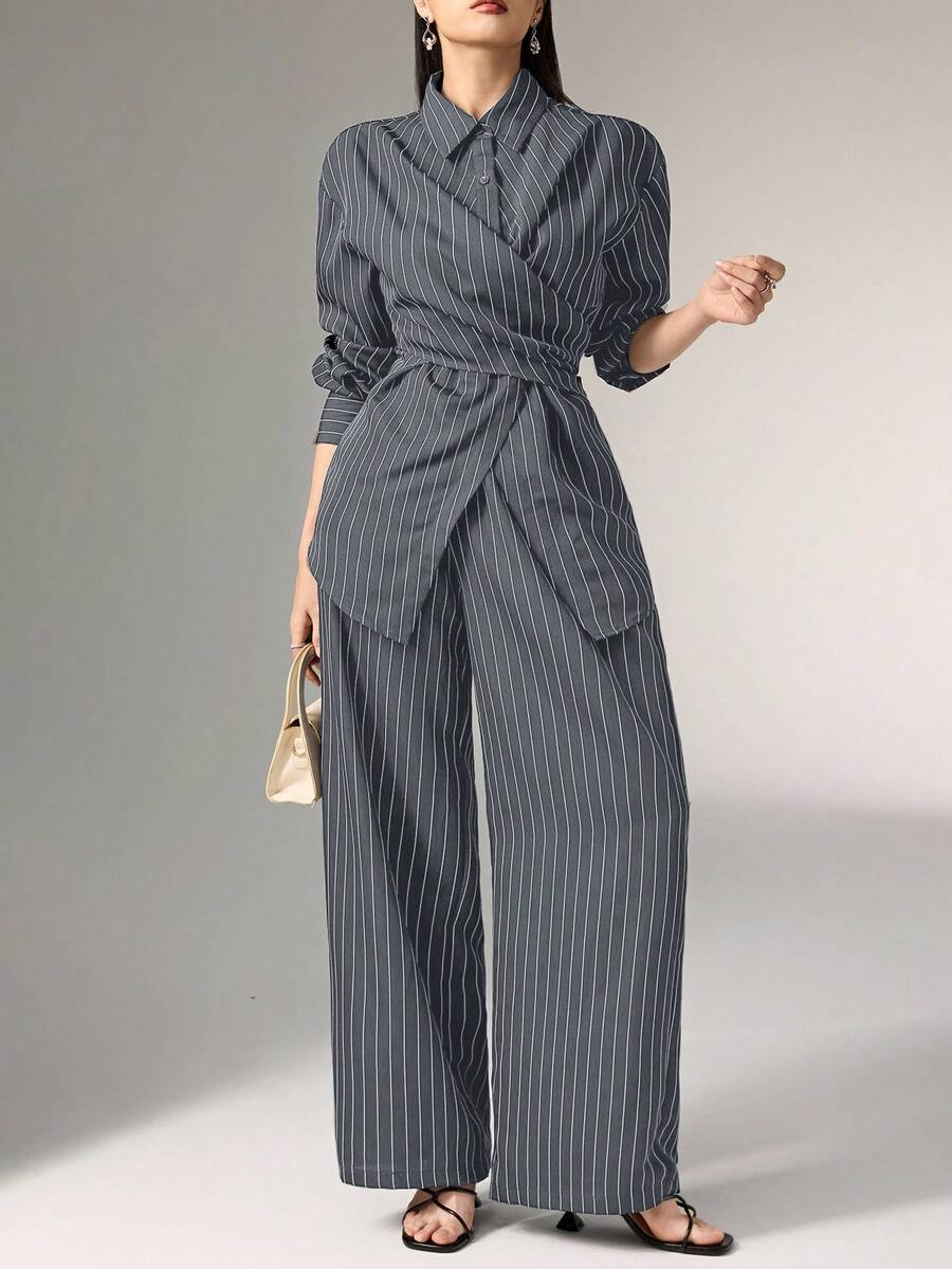 Cinched Waist Wrap Shirt and Pants Set