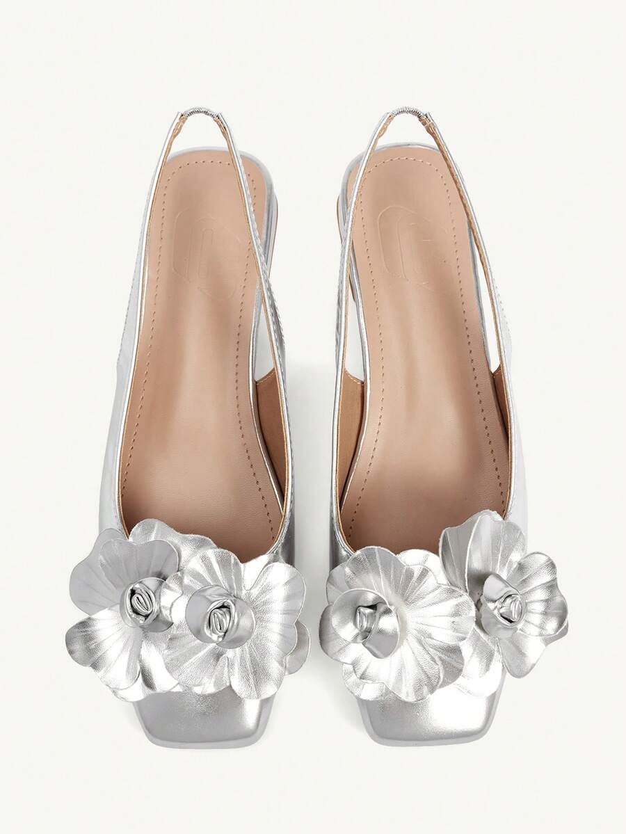 3D Flower Square Toe Slingback