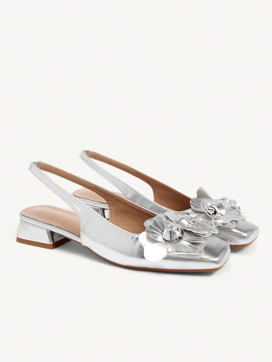 3D Flower Square Toe Slingback