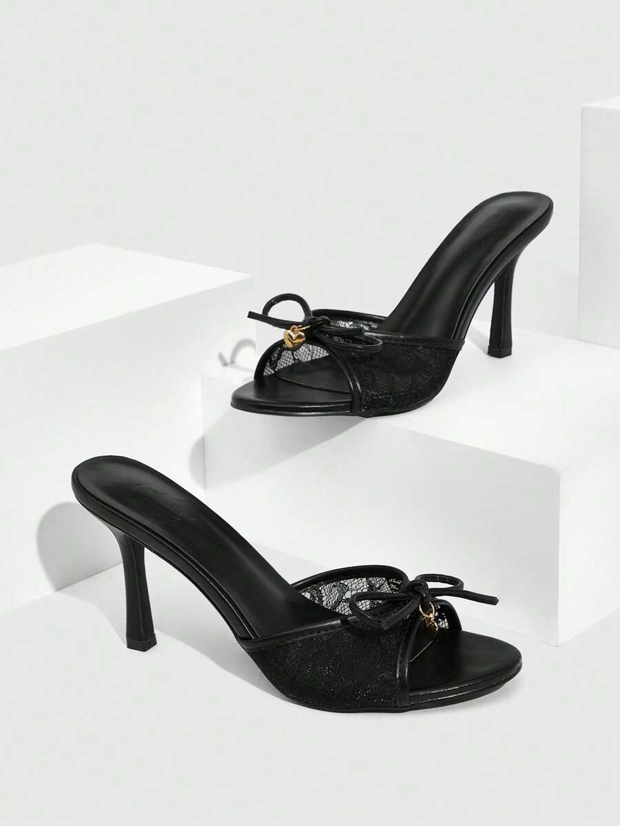 Bow Lace Satin Stiletto Sandals