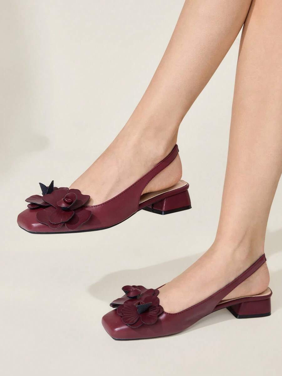 3D Flower Square Toe Slingback
