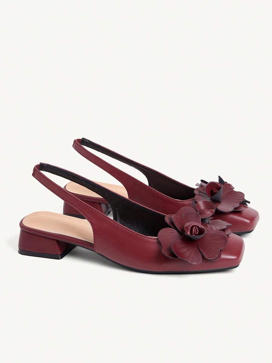 3D Flower Square Toe Slingback