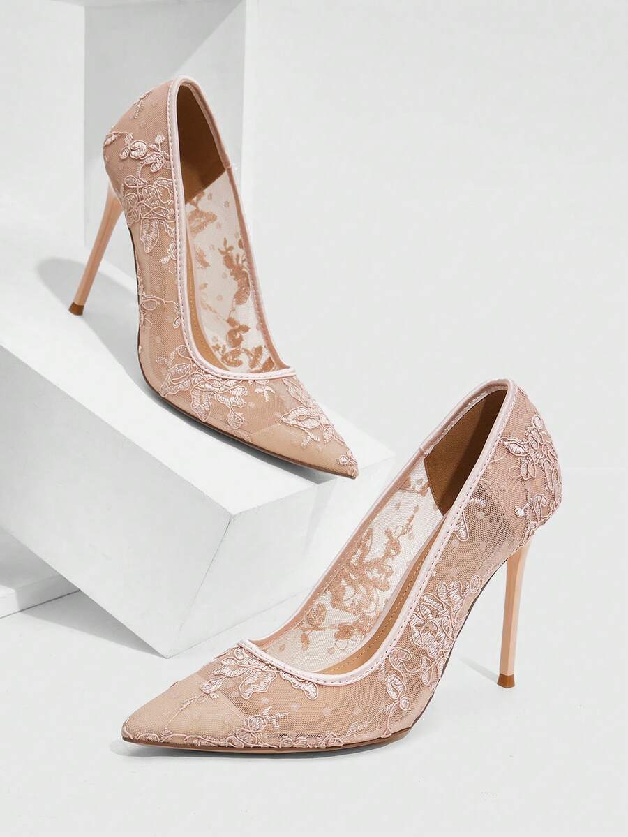 Lace Mesh Pointed Toe Stiletto Heels