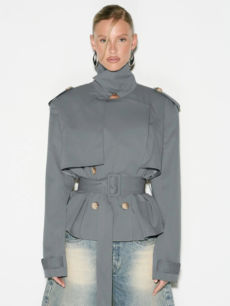 Cropped Belted Trench Coat with Shoulder Pads