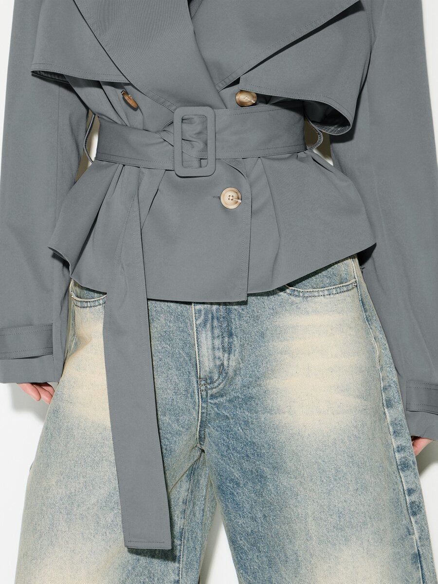 Cropped Belted Trench Coat with Shoulder Pads