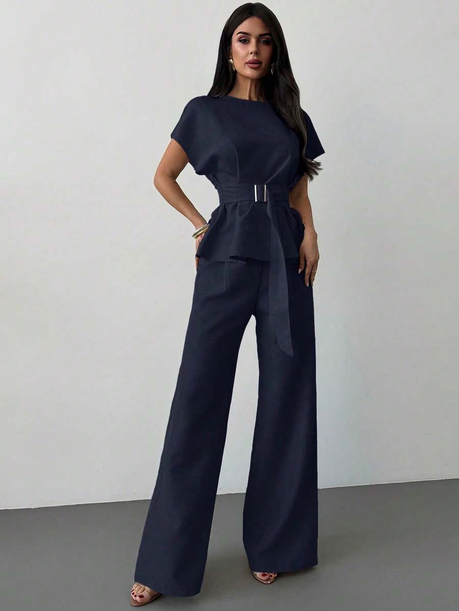 Linen Blend Belted Shirt and Wide Leg Pants Set